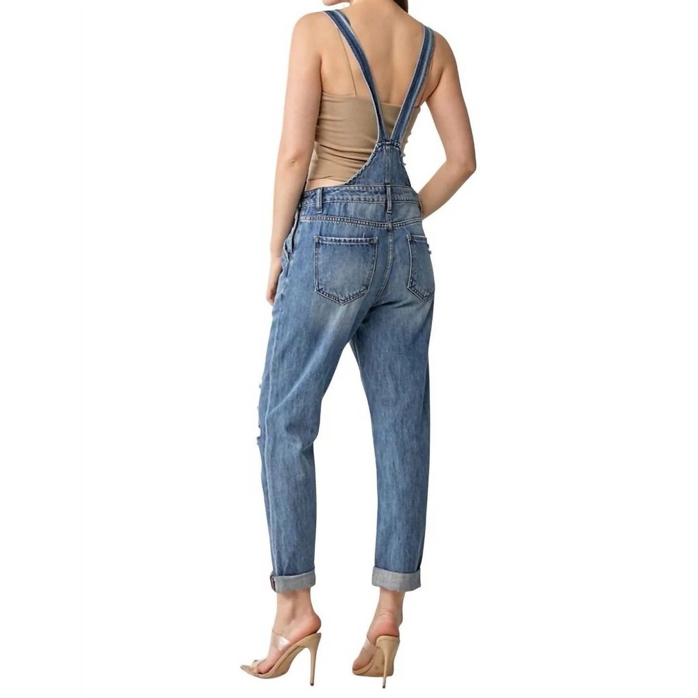 Denim Distressed Crop Overalls Jumpsuit - Blue - Picture 2 of 10